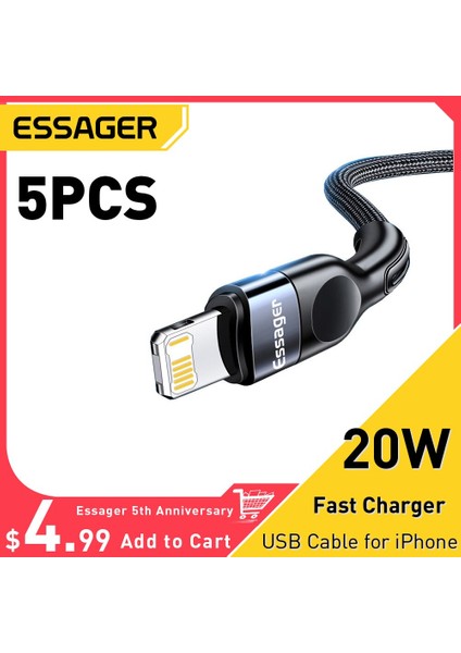 Essager 5 Adet 2.4A USB Kablosu IPHONE14 13 12 Pro Max Kablo Pd 20W Hızlı Şarj Kablosu iPhone Şarj Aleti Kablosu USB Veri Kablosu (Yurt Dışından)