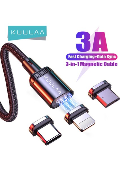 Kuulaa LED Manyetik USB Kablosu 3A Hızlı Şarj Tipi C Kablo Mıknatıs Şarj Cihazı Mikro USB Kablosu iPhone Xiaomi Poco Samsung Kablosu (Yurt Dışından)