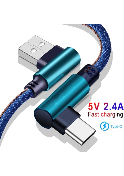 Mikro USB Tip C Kablo 2.4A Hızlı Şarj Cihazı USB Kablosu 90 Derece Dirsek Naylon Örgülü Veri Kablosu Samsung/sony/xiaomi Android Telefon (Yurt Dışından)