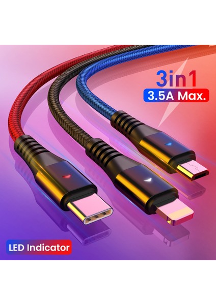 3in1 LED USB Şarj Kablosu iPhone 13 12 11 Pro 3in1 2in1 Mikro USB Tip C 8pin Şarj Aleti Kablosu Için Huawei Xiaomi Poco X3 M3 (Yurt Dışından)