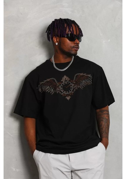 Erkek Taşlı Bisiklet Yaka T-Shirt 20/1 Penye - Siyah