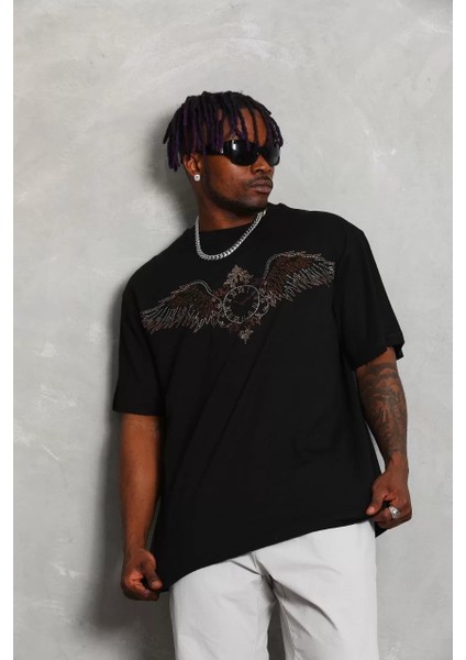 Erkek Taşlı Bisiklet Yaka T-Shirt 20/1 Penye - Siyah fırsatları