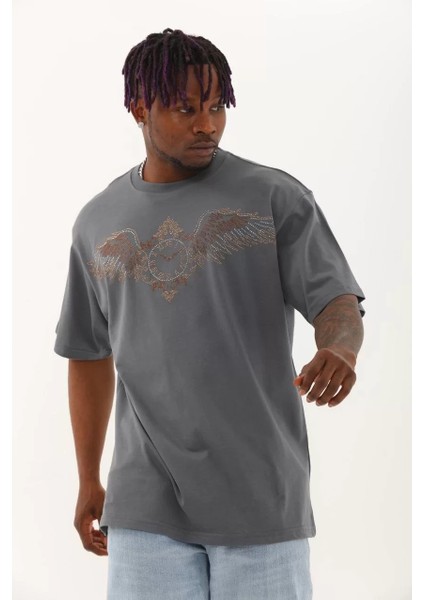 Erkek Taşlı Bisiklet Yaka T-Shirt 20/1 Penye - Füme