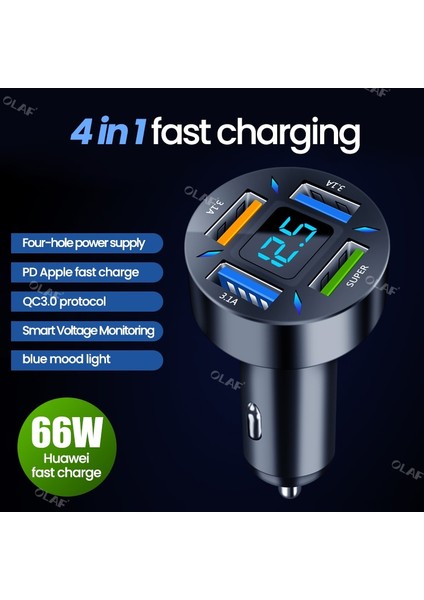Olaf Araç Telefonu Şarj Cihazı 66W USB C Arabada Şarj Cihazı 4 Port Pd Hızlı Şarj Qc3.0 Telefon Şarj Adaptörü iPhone 14 Xiaomi Samsung (Yurt Dışından) fiyatları