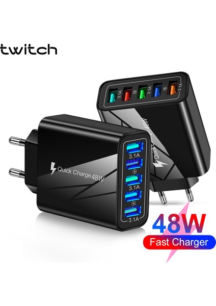 Twitch 48W Şarj Cihazı Hızlı Şarj Qc 3.0 Standart Adaptör 5 USB Bağlantı Noktalı Duvar Şarj Cihazı (Yurt Dışından) modelleri