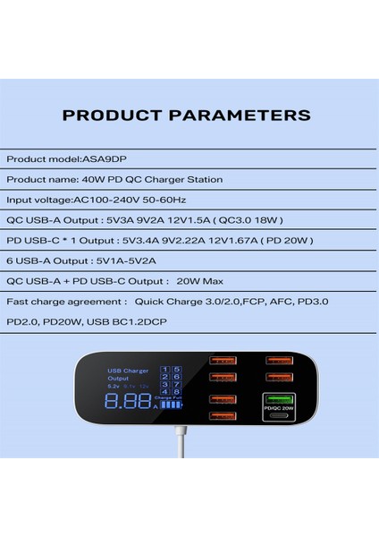 Taşınabilir Akıllı 8 Port USB Araç Şarj Cihazı Qc3.0 Pd Hızlı Şarj Cep Telefonu Şarj Cihazı 40 W 8A LED Ekranlı Çoklu USB Soketi (Yurt Dışından) modelleri