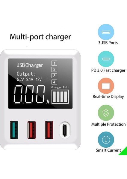Taşınabilir Qc3.0 4 Bağlantı Noktalı USB Şarj Cihazı Çok Bağlantı Noktalı Şarj Cihazı 40W Hızlı Şarj Kompakt Tasarım LED Ekranlı Cep Telefonu Adaptörü (Yurt Dışından)