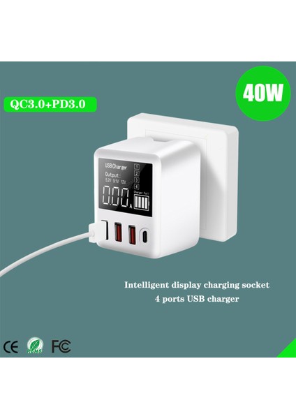 Taşınabilir Qc3.0 4 Bağlantı Noktalı USB Şarj Cihazı Çok Bağlantı Noktalı Şarj Cihazı 40W Hızlı Şarj Kompakt Tasarım LED Ekranlı Cep Telefonu Adaptörü (Yurt Dışından) modelleri
