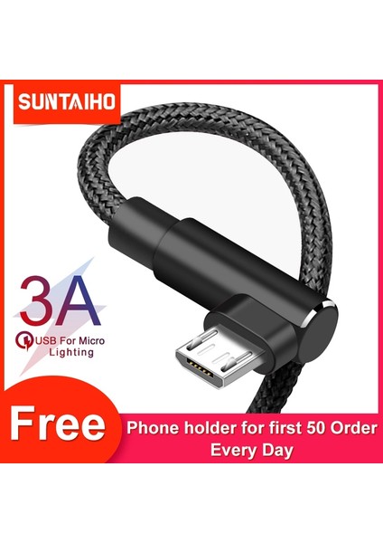 Suntaiho Mikro Şarj Kablosu Xiaomi Redmi Için 7 4x Samsung S7 Lg Android 90 Derece Dirsek Naylon Örgülü 3A Hızlı USB Veri Şarj Cihazı (Yurt Dışından)