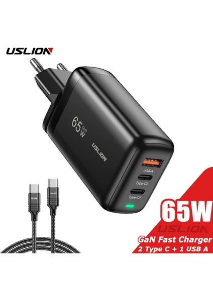 Uslıon 65W Gan USB Tip C Şarj Cihazı Dizüstü Macbook Qc Pd 3.0 Hızlı Şarj Telefon Adaptörü Samsung iPhone 14 13 Pro Poco F4 X4 (Yurt Dışından)