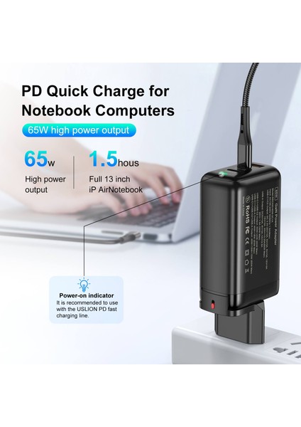 Uslıon 65W Gan USB Tip C Şarj Cihazı Dizüstü Macbook Qc Pd 3.0 Hızlı Şarj Telefon Adaptörü Samsung iPhone 14 13 Pro Poco F4 X4 (Yurt Dışından) modelleri