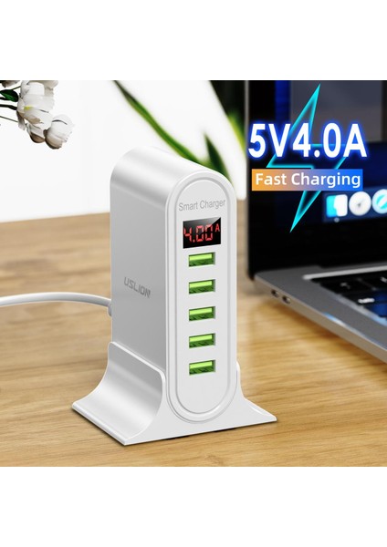 Uslıon 5 Port USB Şarj Aleti Xiaomi LED Ekran Çoklu USB Şarj Istasyonu Evrensel Telefon Masaüstü Duvar Ev Ab Abd Ingiltere Tak (Yurt Dışından)