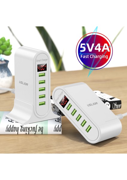 Uslıon 5 Port USB Şarj Aleti Xiaomi LED Ekran Çoklu USB Şarj Istasyonu Evrensel Telefon Masaüstü Duvar Ev Ab Abd Ingiltere Tak (Yurt Dışından) modelleri