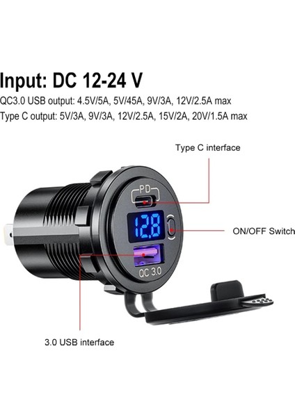 60W Pd Tip C/qc 3.0 USB Şarj Cihazı Düğme Anahtarı LED Voltmetre Güç Çıkışı 12V 24V Araba Kamyon Motosiklet Rv Için Hızlı Şarj (Yurt Dışından) fırsatları