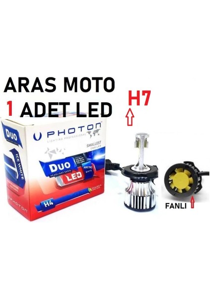 Motosiklet H7 Photon Fanlı Xenon LED Ampül 12-24 V (Duo Soğutucu Fanlı Model) 1 Adet-Aras Moto