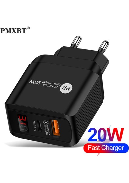 LED Ekran USB Şarj Aleti Qc 3.0 Hızlı Şarj Ab Abd Ingiltere Tak Adaptörü iPhone Telefon Için 20W Hızlı Şarj Tipi C Pd Bağlantı Noktası Şarj Cihazı (Yurt Dışından)