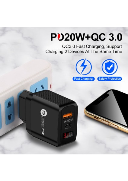LED Ekran USB Şarj Aleti Qc 3.0 Hızlı Şarj Ab Abd Ingiltere Tak Adaptörü iPhone Telefon Için 20W Hızlı Şarj Tipi C Pd Bağlantı Noktası Şarj Cihazı (Yurt Dışından) fiyatları