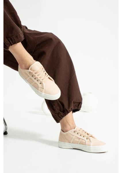 Bej Keten Kumaş Bağcıklı Günlük Iç Taban Kadın Sneaker