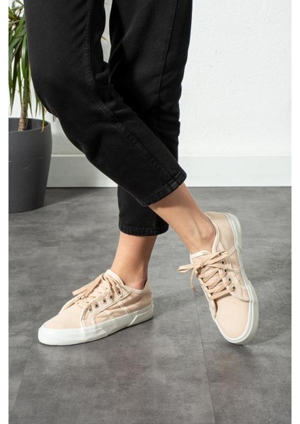 Bej Keten Kumaş Bağcıklı Günlük Iç Taban Kadın Sneaker