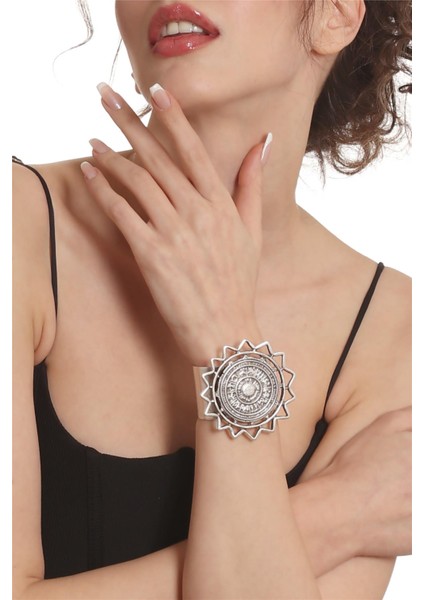 Kadın Antik Gümüş Kaplama Ayarlanabilir Açık Bant Zodyak Figürlü Bileklik