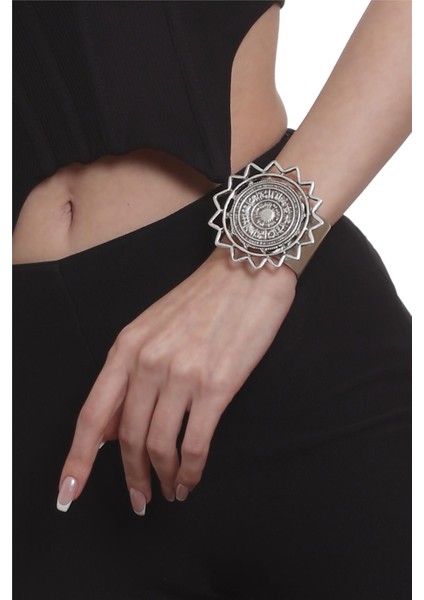 Kadın Antik Gümüş Kaplama Ayarlanabilir Açık Bant Zodyak Figürlü Bileklik fiyatları