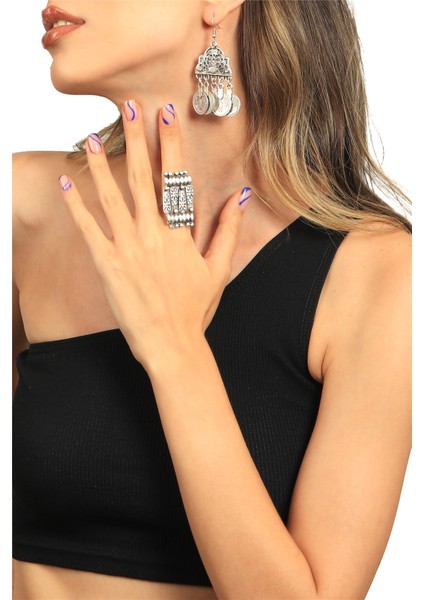 Kadın Antik Gümüş Kaplama Osmanlı Motifli Tuğra Detaylı Sallantılı Model Küpe & Yüzük Seti