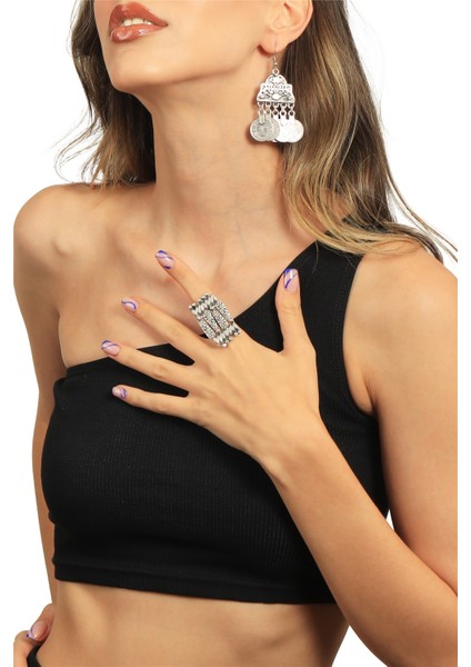 Kadın Antik Gümüş Kaplama Osmanlı Motifli Tuğra Detaylı Sallantılı Model Küpe & Yüzük Seti fiyatları