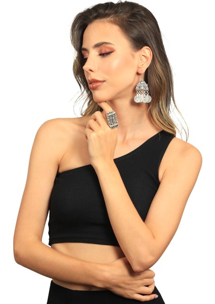 Kadın Antik Gümüş Kaplama Osmanlı Motifli Tuğra Detaylı Sallantılı Model Küpe & Yüzük Seti fırsatları