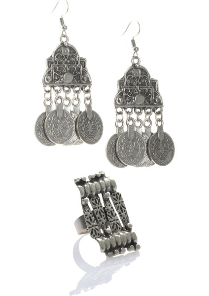 Kadın Antik Gümüş Kaplama Osmanlı Motifli Tuğra Detaylı Sallantılı Model Küpe & Yüzük Seti indirimleri