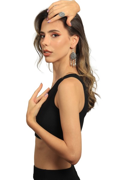 Kadın Antik Gümüş Kaplama Oval Formlu Etnik Motifli Sallantılı Model Küpe & Yüzük Seti fırsatları