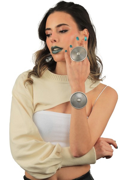 Kadın Antik Gümüş Kaplama Ayarlanabilir Geniş Band Illuzyon Geometrik Model Bileklik & Yüzük Set fiyatları