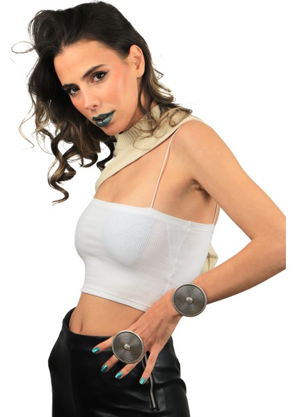 Kadın Antik Gümüş Kaplama Ayarlanabilir Geniş Band Illuzyon Geometrik Model Bileklik & Yüzük Set modelleri