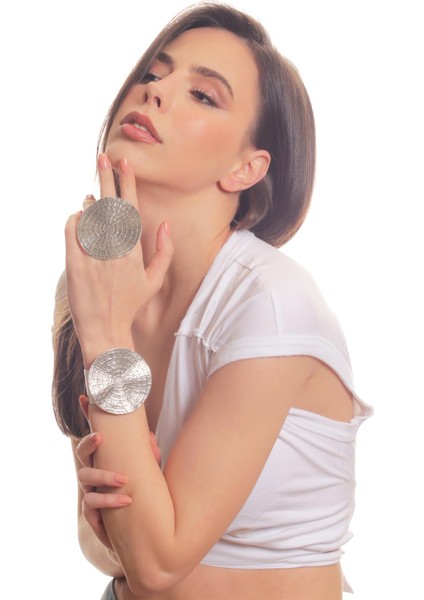 Kadın Antik Gümüş Kaplama Ayarlanabilir Geniş Band Örümcek Ağı Baskılı Model Bileklik & Yüzük Set