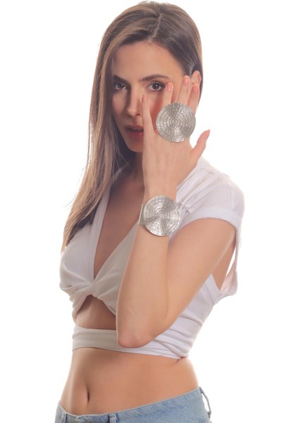 Kadın Antik Gümüş Kaplama Ayarlanabilir Geniş Band Örümcek Ağı Baskılı Model Bileklik & Yüzük Set