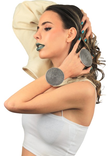 Kadın Antik Gümüş Kaplama Ayarlanabilir Geniş Band Zımba Dokulu Geometrik Model Bileklik & Yüzük Set