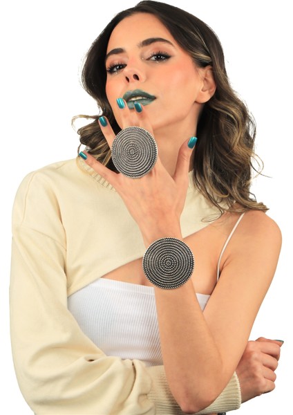 Kadın Antik Gümüş Kaplama Ayarlanabilir Geniş Band Zımba Dokulu Geometrik Model Bileklik & Yüzük Set