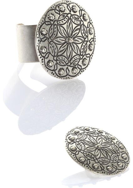 Kadın Antik Gümüş Kaplama Ayarlanabilir Geniş Band Etnik Motif Baskılı Model Bileklik & Yüzük Set indirimleri