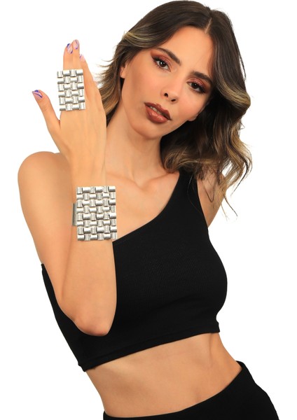 Kadın Antik Gümüş Kaplama Ayarlanabilir Geniş Band Örgü Dokulu Dikdörtgen Model Bileklik & Yüzük Set modelleri