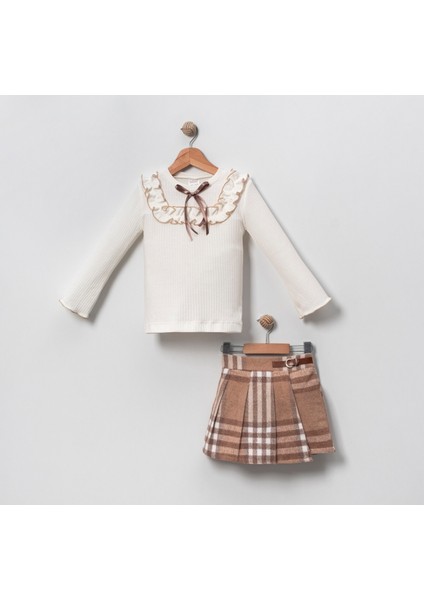 Kız Çocuk Beyaz Pamuklu Body Ekose Şort Etek Alt-Üst Takım