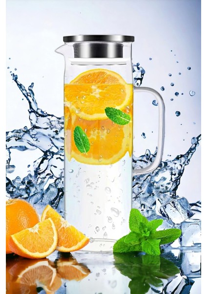 Retro Cam Sürahi Kulplu Çelik Kapaklı Soğuk Sıcak Kokteyl Meşrubat Borosilikat Cam Sürahisi 1500 ml