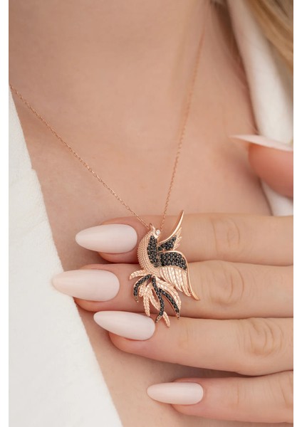 Zümrüdü Anka Kuşu Simurg Bayan Gümüş Kolye Büyük Boy Rose Model