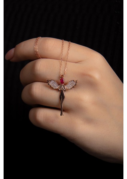 Melek Kanatlı 925 Ayar Gümüş Zirkon Taşlı Rose Kadın Kolye