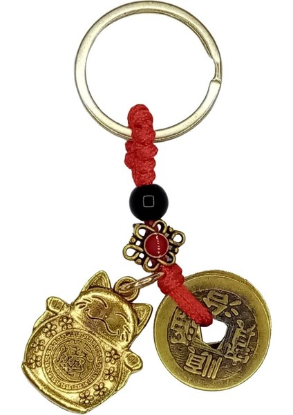 Çin Feng Shui Şans ve Bereket Parası Maneki Neko Metal Anahtarlık
