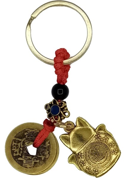 Çin Feng Shui Şans ve Bereket Parası Maneki Neko Metal Anahtarlık