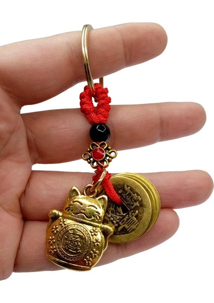 Çin Feng Shui Şans ve Bereket Parası Maneki Neko Metal Anahtarlık