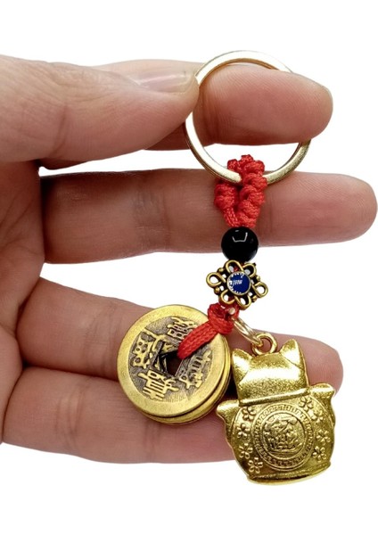 Çin Feng Shui Şans ve Bereket Parası Maneki Neko Metal Anahtarlık