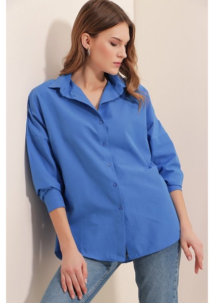 3900 Oversize Uzun Basic Gömlek - B.mavi