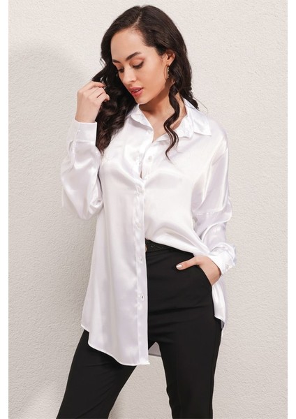 3985 Oversize Saten Gömlek - Beyaz modelleri