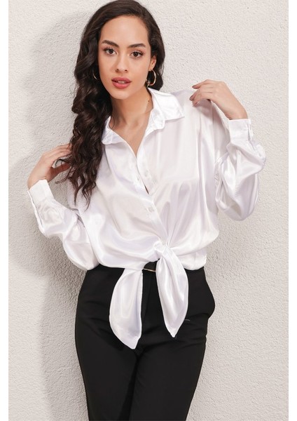 3985 Oversize Saten Gömlek - Beyaz fırsatları