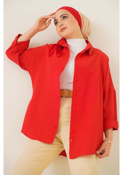 103901 Oversize Basic Tesettür Gömlek - Kırmızı